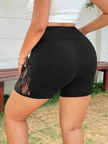 SHEIN PETITE CURVE 大尺碼女款小個子黑色蕾絲網格拼接內搭褲，高腰休閒單車短褲，休閒時尚夏季徒步日常穿搭 - 黑色 - 查看 2