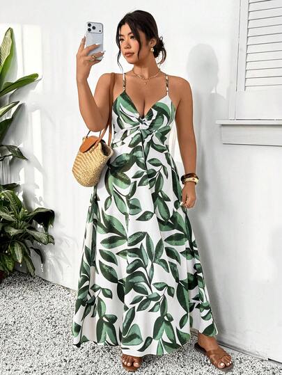 SHEIN Frenchy 大码女式树叶印花扭褶休闲派对度假吊带裙
