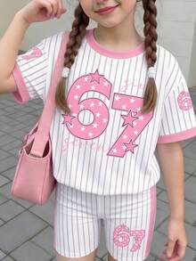 2件套，适合4-7岁女童，条纹+星星字母印花短袖T恤和短裤，轻便运动休闲套装，适合日常穿着、上学、休闲、春夏秋季。 - 彩色 - 查看 3