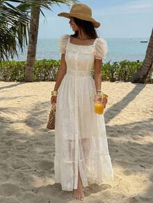 DAZY Cap Sleeve Frill Trim Camisole Dress, Elegant Office Wear Dress Wedding Guest Dress Maxi Dress Sundress - Beige - View 5