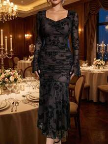 DAZY Women's Elegant Lace Pleated Fishtail Dress, Spring/Summer Wedding Guest Dress Sundress - Black - View 9