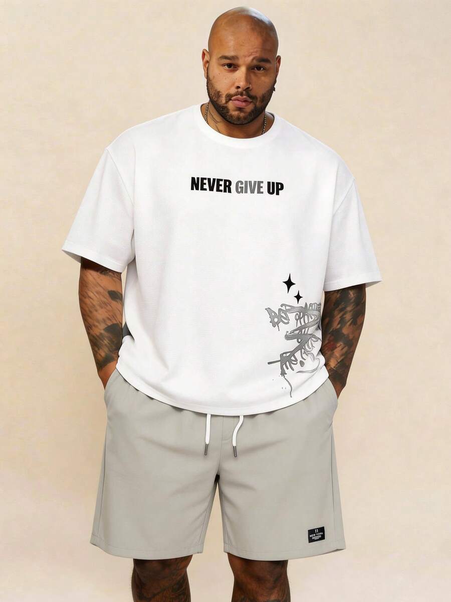 EASEVO Plus Size Men Letter Print Round Neck Short Sleeve T-Shirt And Shorts Casual Daily Outfit - Multicolor - View 1