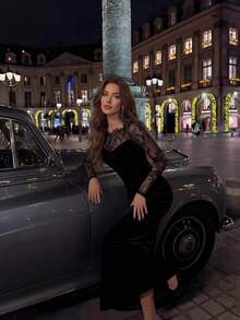 DAZY Women's Lace & Velvet Patchwork Long Sleeve Midi Party Dress Sundress - Black - View 3