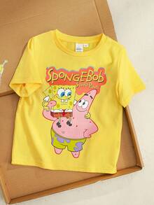 SpongeBob SquarePants | SHEIN 男童卡通印花圆领短袖T恤 - 黃色 - 查看 2