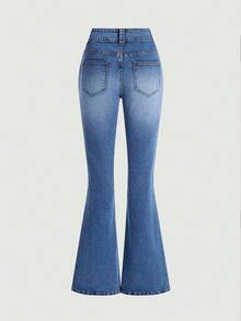 Jeans acampanados de verano para mujeres y adolescentes, minimalistas y casuales, lavado vintage azul profundo, diseño de doble botón de cintura alta, estilo retro americano Y2K elegante, pantalones acampanados elásticos - Azul - Ver 2