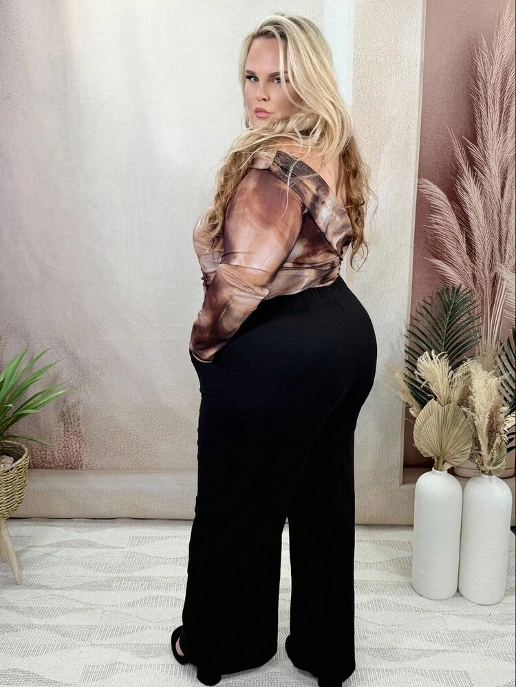 Pantalon droit asymétrique avec boutons pour femmes grandes tailles, noir. Convient pour les sorties, les rendez-vous, pantalon ample, large, Noël, courbes, costume pantalon, élégance - Noir - Voir 2