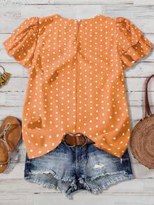 SHEIN LUNE Blusa casual de mujer talla grande con mangas de doble capa fruncida y estampado de lunares - Naranja - Ver 2