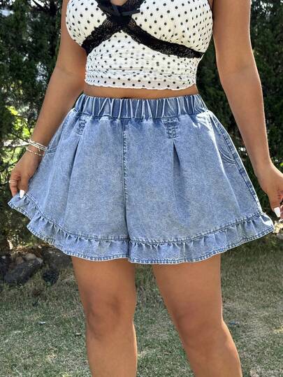 GalTyme شورت جينز كاجوال مكشكش مقاس كبير للصيف