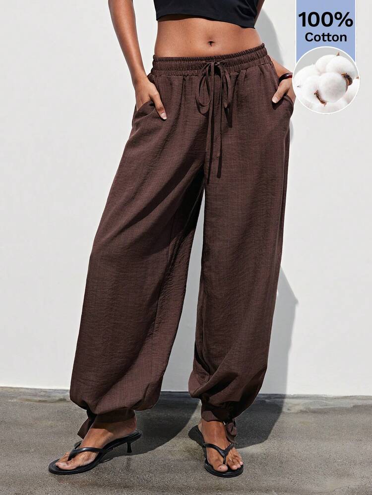 SHEIN Maija Women's Solid Color Drawstring Waist Pocket Casual Pants,100%Cotton, Summer Pants, Summer Outfits , Summer Clothes , Summer Outfits For Women , Spring Outfit, Spring Clothes Women, Festival Outfits, Beach Outfit For Women, Beach Outfit , Casual Pants For Women, Holiday Outfits For Women, Vacation,100%Cotton , Brown Lantern Pants