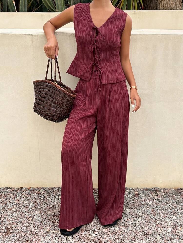Spring & Summer Casual Vacation Striped Sleeveless Top And Loose Straight Leg Pants 2 Pieces Set For Women