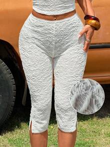 SHEIN EZwear 杏色纹理针织女式七分裤 - 白色 - 查看 8