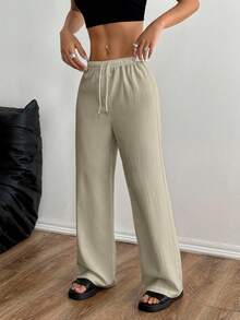 SHEIN Unity Women's Solid Color Elastic Waist Drawstring Straight Loose Pants ,Petite Women - Khaki - View 4