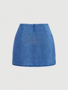 SHEIN MOD Chân váy denim ngắn xếp ly nữ, kiểu dáng thường ngày, đa năng, thích hợp cho hẹn hò và đi chơi. - Rửa trung bình - Xem 2