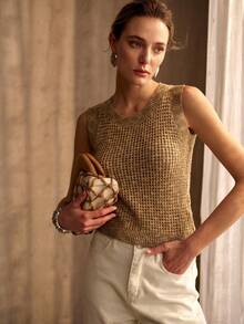 MOTF PREMIUM Áo vest dệt kim không tay kiểu Pháp cổ điển pha trộn giữa châu Âu và Mỹ. - Màu Khaki - Xem 2