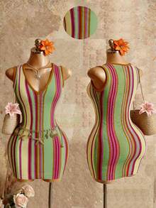 Bellisia Vestido de suéter de punto sin mangas con cuello en V a rayas para mujer en varios colores (rojo, naranja, amarillo, verde, morado), corte corto, ajuste ceñido, sexy, adecuado para vacaciones, salidas casuales, fiestas, primavera/otoño, verano, invierno - Multicolor - Ver 1
