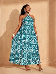 Lunelith SHEIN Lunessa 扎染图案数码印花长领连衣裙 - 青碧色 - 查看 5