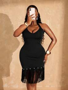 Lunelith SHEIN Lunessa Women's Black Summer Elegant Night Out Tassel Hem Backless Halter Neck Midi Dress,Fringe Bodycon Club Outfits Party Dresses For Ladies Fitted Dress - Black - View 4