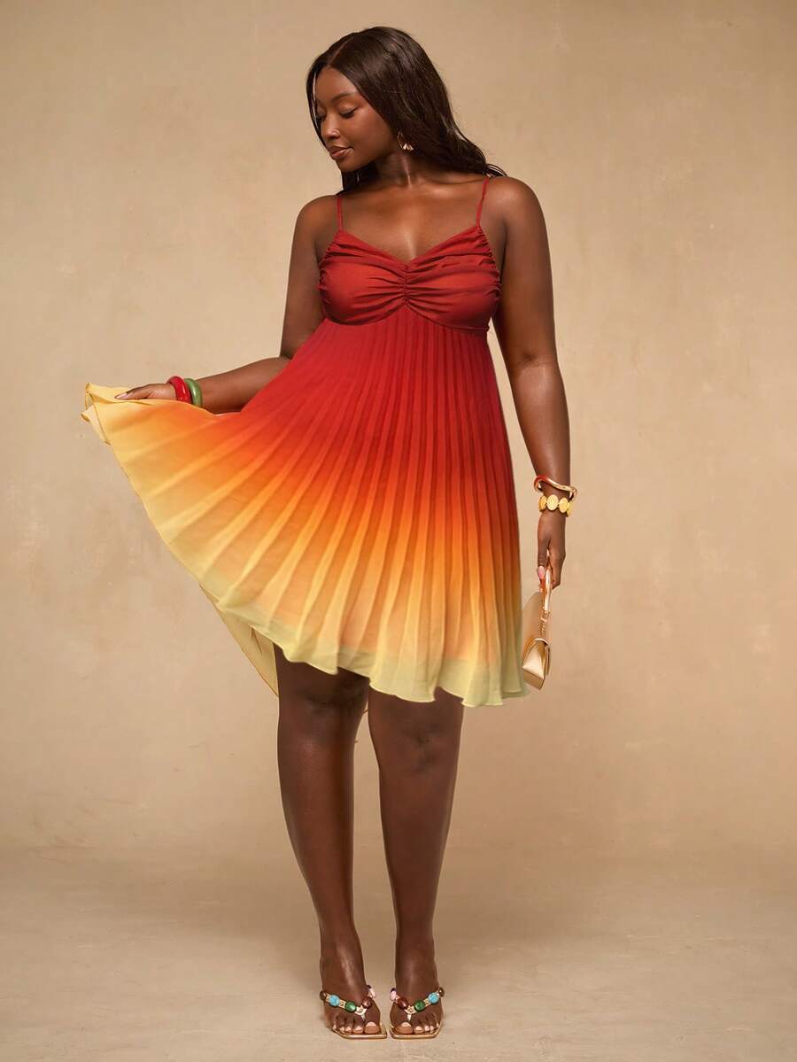 SHEIN BAE Plus Size Women's Ombre Ruched Cami Dress,Elegant Red Summer Satin Party Gradient Pleated V Neck Mini Sundress With Spaghetti Straps For Vacation