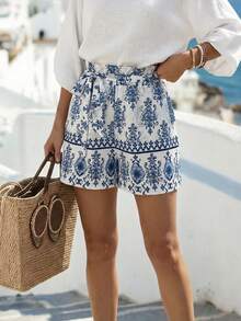 Pantalones cortos casuales con diseño de lazo en la cintura y estampado, adecuados para primavera y verano - Azul y blanco - Ver 1