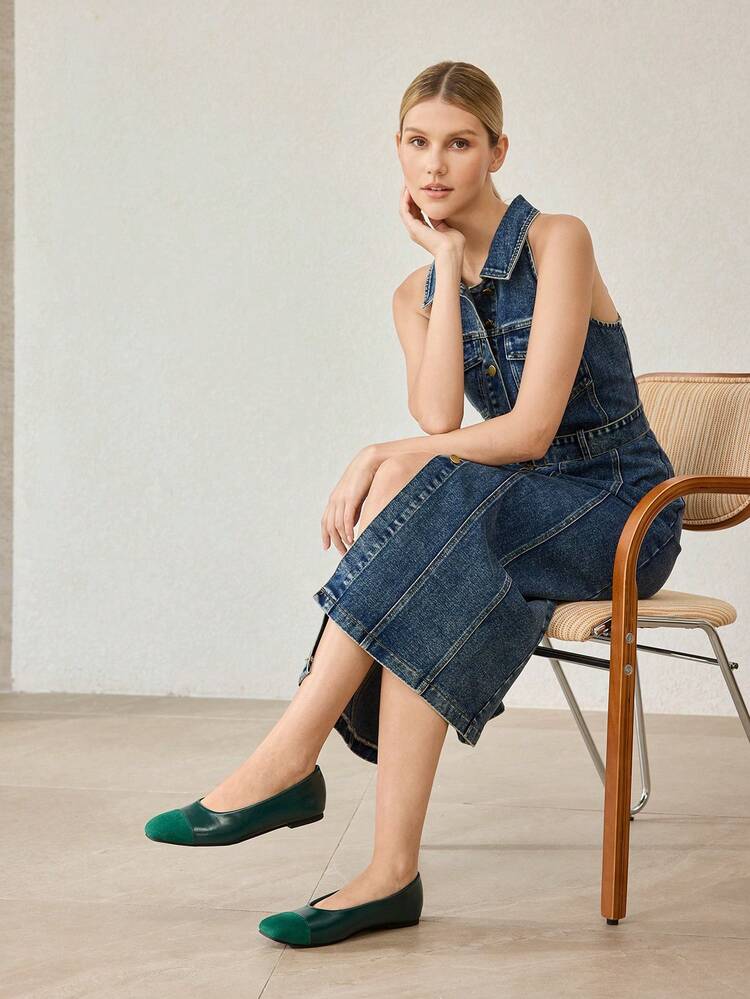 WOMEN CONTRAST PU LEATHER SQUARE TOE FLATS FOR CHRISTMAS