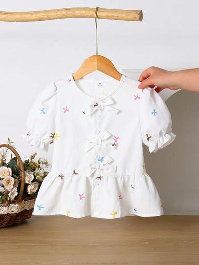 SHEIN Girls' Cute Butterfly Print Short Sleeve Blouse, Minimalist And Fashionable, Suitable For Casual, Vacation, Daily, Outing, Party, School And Other Occasions, Holiday, Summer, Travel