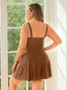 Swim Lushoire 大码女式纯色优雅时尚沙滩休闲度假吊带腰部收褶A字型遮肉泳衣 - 咖啡棕 - 查看 2