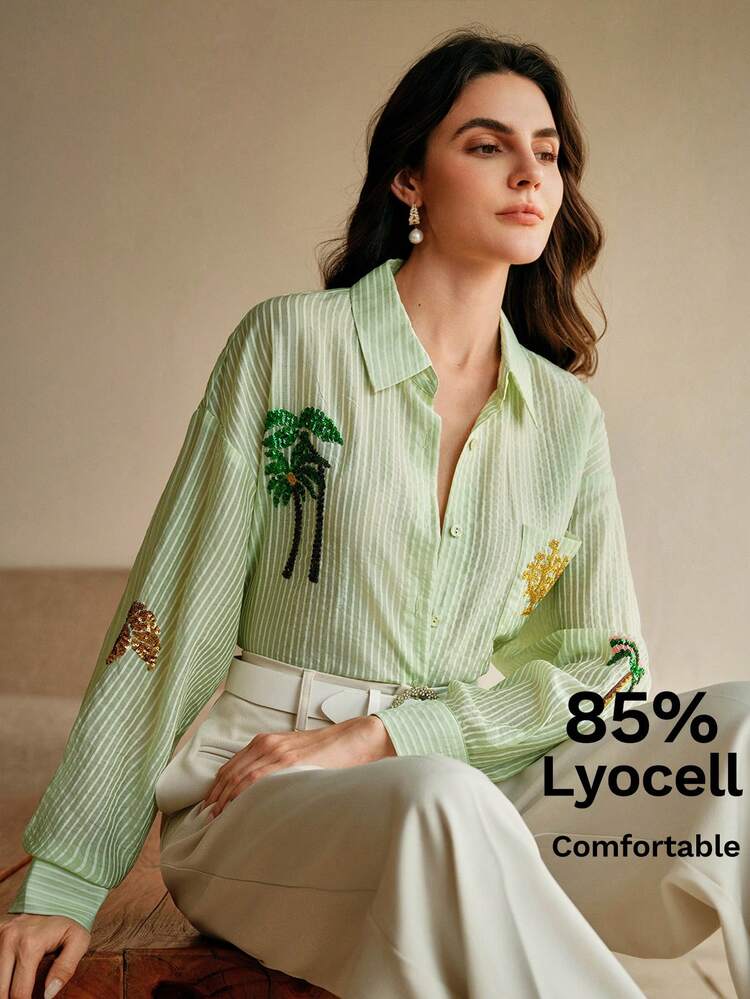 Women's Colorful Sequin Embroidery Palm Tree Long Sleeve Striped Blouse, Spring/Summer