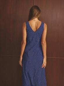 Aralina Đầm maxi chấm bi đỏ thanh lịch, giản dị dành cho nữ, hoàn hảo cho trang phục dự tiệc Giáng sinh và năm mới, trang phục dự tiệc mùa lễ hội. - Màu xanh lam - Xem 2