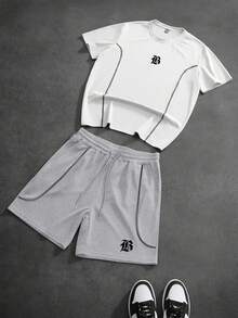 PAVTROS Men's Letter Print Round Neck Short Sleeve T-Shirt And Drawstring Waist Shorts Casual Daily Outfit - Multicolor - View 3
