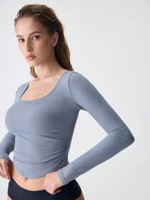 Loungeista Women's Simple Comfortable Square Neck Long Sleeve Top Ruched Fitted Cropped Solid Color Base Layer Top - Dusty Blue - View 8