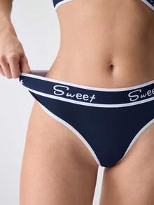 Loungeista Conjunto de sujetador y panty de gráficos de letras con encuadernación de contraste, conjunto de lencería deportiva - azul real - Ver 9