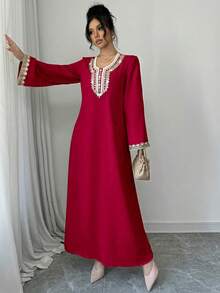 Al Najma Women's Embroidered Floral Arabic Style Maxi Abaya,Elegant Wedding Guest Formal Loose Kaftan - Red - View 3