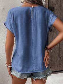 Breezaya Solid Color Round Neck Short Sleeve Embroidered Laser Cut Loose Summer Shirt - Medium Wash - View 2