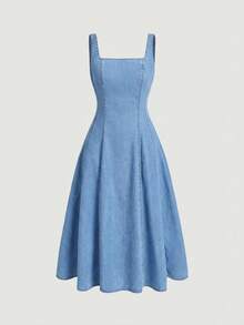 SHEIN MOD 女士方领无袖休闲牛仔连衣裙 - 淺色水洗藍 - 查看 5