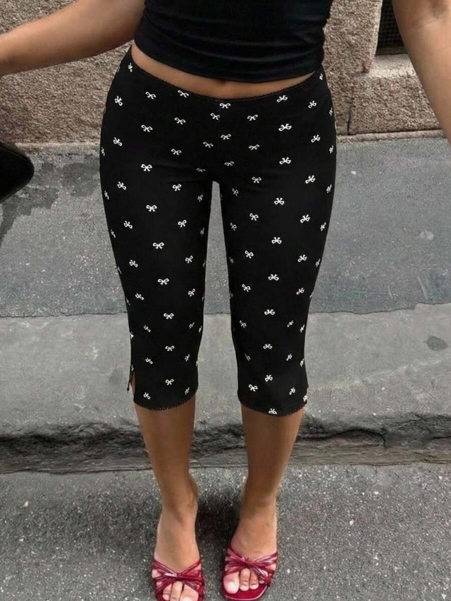 SHEIN EZwear Quần legging nữ ôm sát 7/8, nền đen, thắt nơ. - Đen và trắng - Xem 1