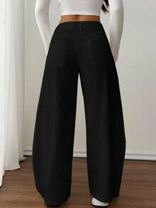 SHEIN PETITE Women's Casual Wide Leg Flare Pants - Black - View 2