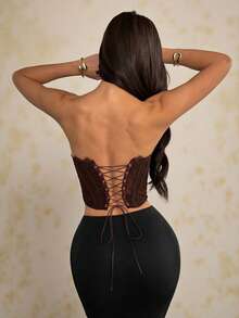 SHEIN PETITE 夏季海滩度假纯色蕾丝文胸上衣，适合日常约会、夜间外出、夜店、派对、聚会、鸡尾酒会、泳池派对、返校季服装、学期服装、假日服装、办公通勤服装，束身胸衣 - 咖啡棕 - 查看 2