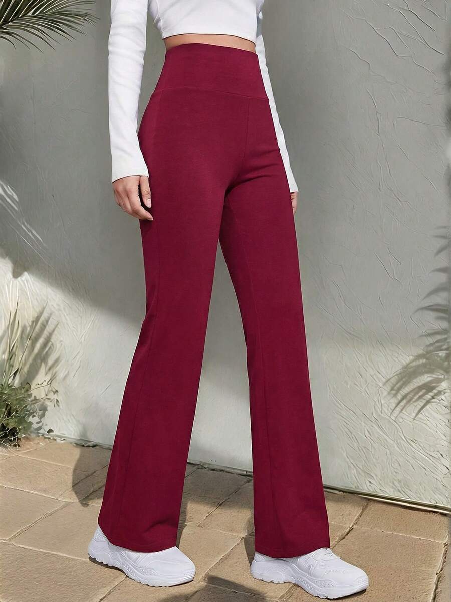 SHEIN EZwear 酒红色高腰喇叭裤，优雅时尚女裤 - 酒紅色 - 查看 1
