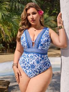Swim Lushoire Plus Size Women's Floral Print Deep V-Neck One-Piece Swimsuit, Suitable For Beach Vacation, Pool Party, Beach Party - Blue - View 5