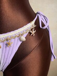 Zestiva Bộ bikini 2 mảnh dành cho nữ, họa tiết sọc lượn sóng, phối ren, buộc dây cổ, thích hợp cho mùa hè. - Màu tím - Xem 6