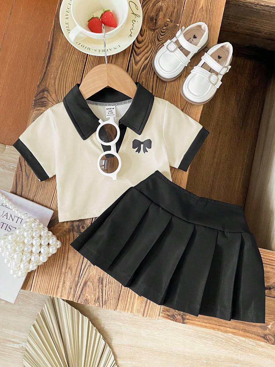 SHEIN 2件套女婴幼儿/新生儿0-3岁春夏休闲运动V领Polo衫短袖T恤和百褶裙套装 - 黑色 - 查看 1