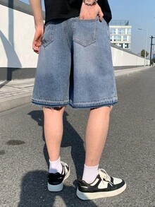 青少年男款時尚返校街頭風哥德百搭設計Y2k復古酷街頭十字造型淺藍色寬鬆牛仔短褲日常穿搭夏季適用於狂歡節與街頭風返校 - 藍色 - 查看 2