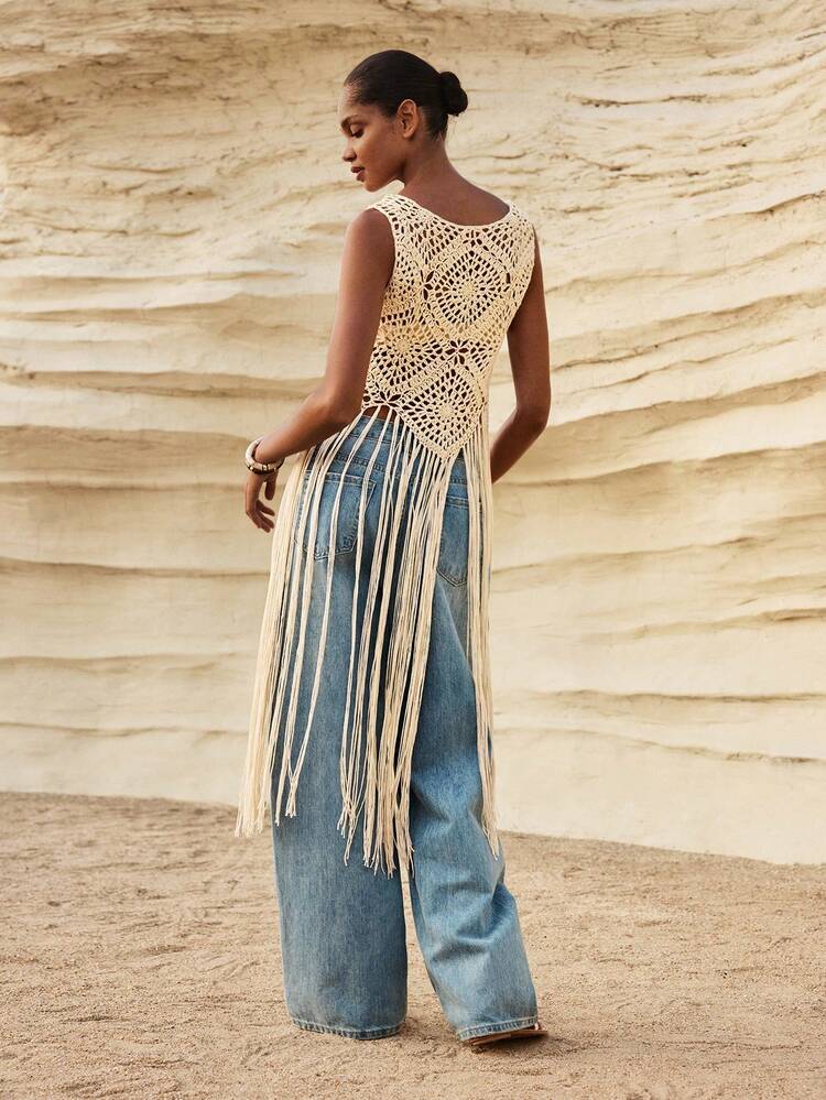 SHEIN Maija Women's Hollow Out Fringed Hem Sleeveless Knit Top,Light Beige,Summer,Boho,Beach,Holiday,Holiday,Vintage Old Money Teacher Party Graduation