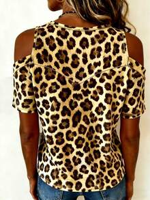 EMERY ROSE Nueva blusa casual sexy versátil de hombros descubiertos con estampado de leopardo para mujer - Multicolor - Ver 2