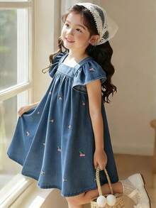 Elladie kids 年轻女孩时尚休闲优雅牛仔连衣裙，短袖柔美花卉图案设计连衣裙 - 藍色 - 查看 8