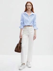 BizChic 女士休闲翻领长袖衬衫，基础都市通勤风格，简约优雅时尚商务休闲装，适合教师和办公室穿着，秋季款 - 藍色 - 查看 3