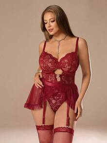 Auralis 4pcs/Set Lace Plus Size Underwire Lingerie Set - Burgundy - View 5