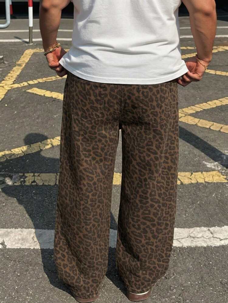 Plus Size Men's Leopard Print Long Denim Jeans, Suitable For Spring And Autumn