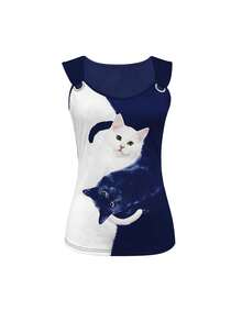 Áo ba lỗ họa tiết mèo Colorblock dành cho nữ mùa hè thường ngày - Xanh đậm - Xem 7