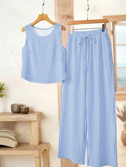 EMERY ROSE 2pcs/Set Fashionable Sleeveless Camisole And Pants Set, Casual Chic Daily Wear, Spring/Summer Vacation Outfit, Women's Two Pieces Set, Camisole And Trousers